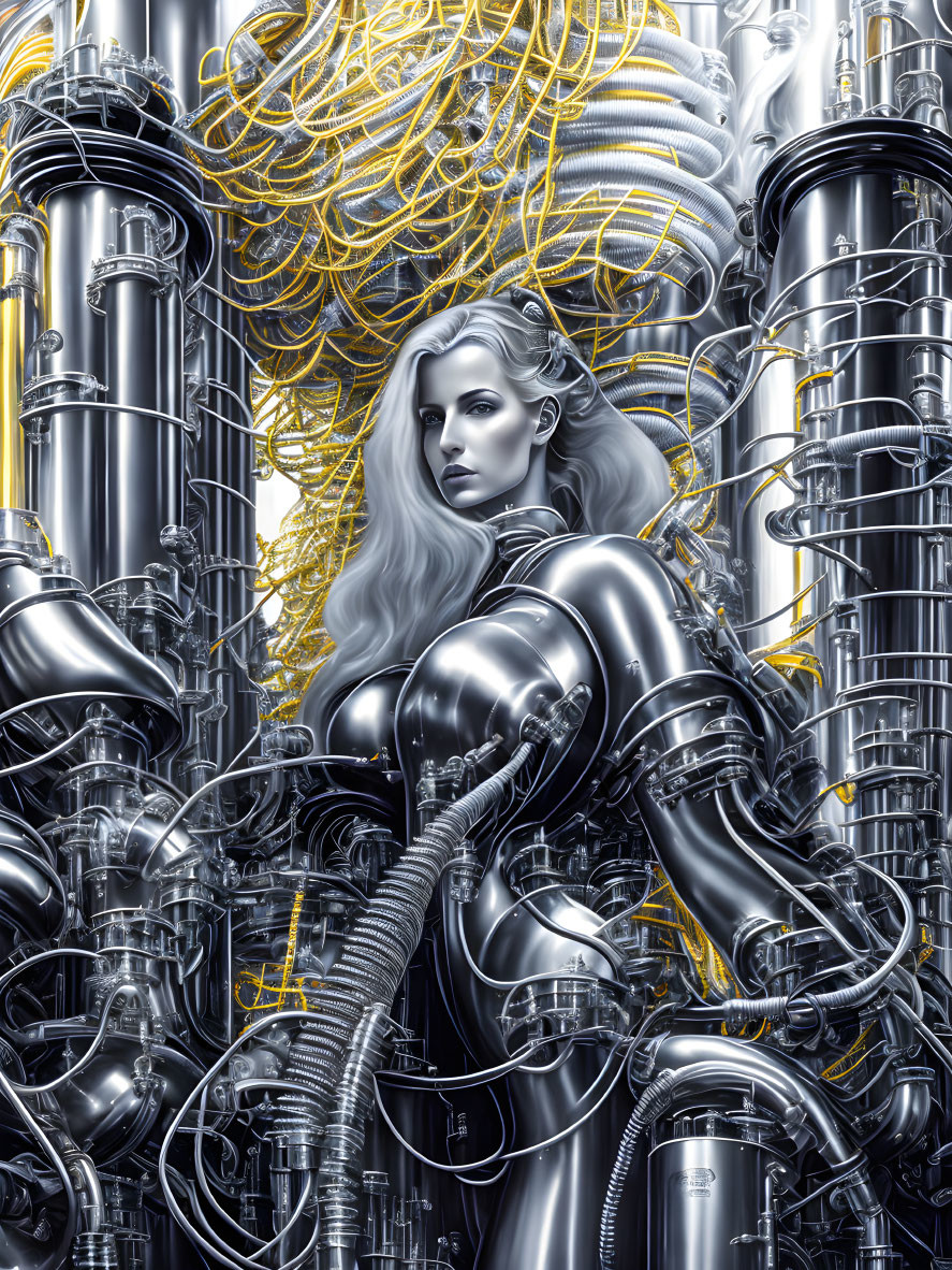 Silver-skinned woman with flowing yellow cable hair and integrated metallic pipes.