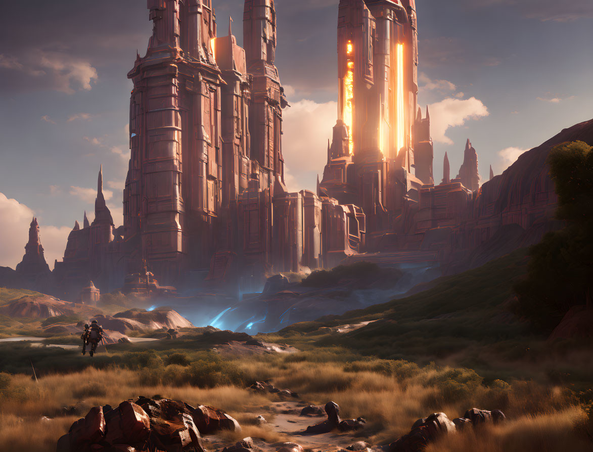 Futuristic landscape with glowing spires, wandering figure, vibrant river