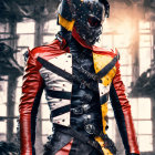 Elaborate futuristic costume with black and red design in dilapidated building