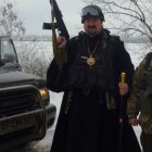 Priest in attire with rifle, shadowy beast, and armored figure in misty setting