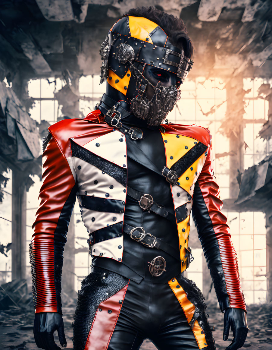 Harlequin in a leather suit with belts