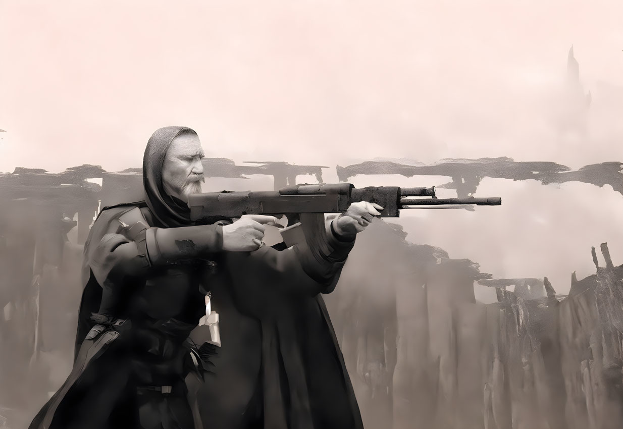 Cloaked figure with rifle on sepia battlefield