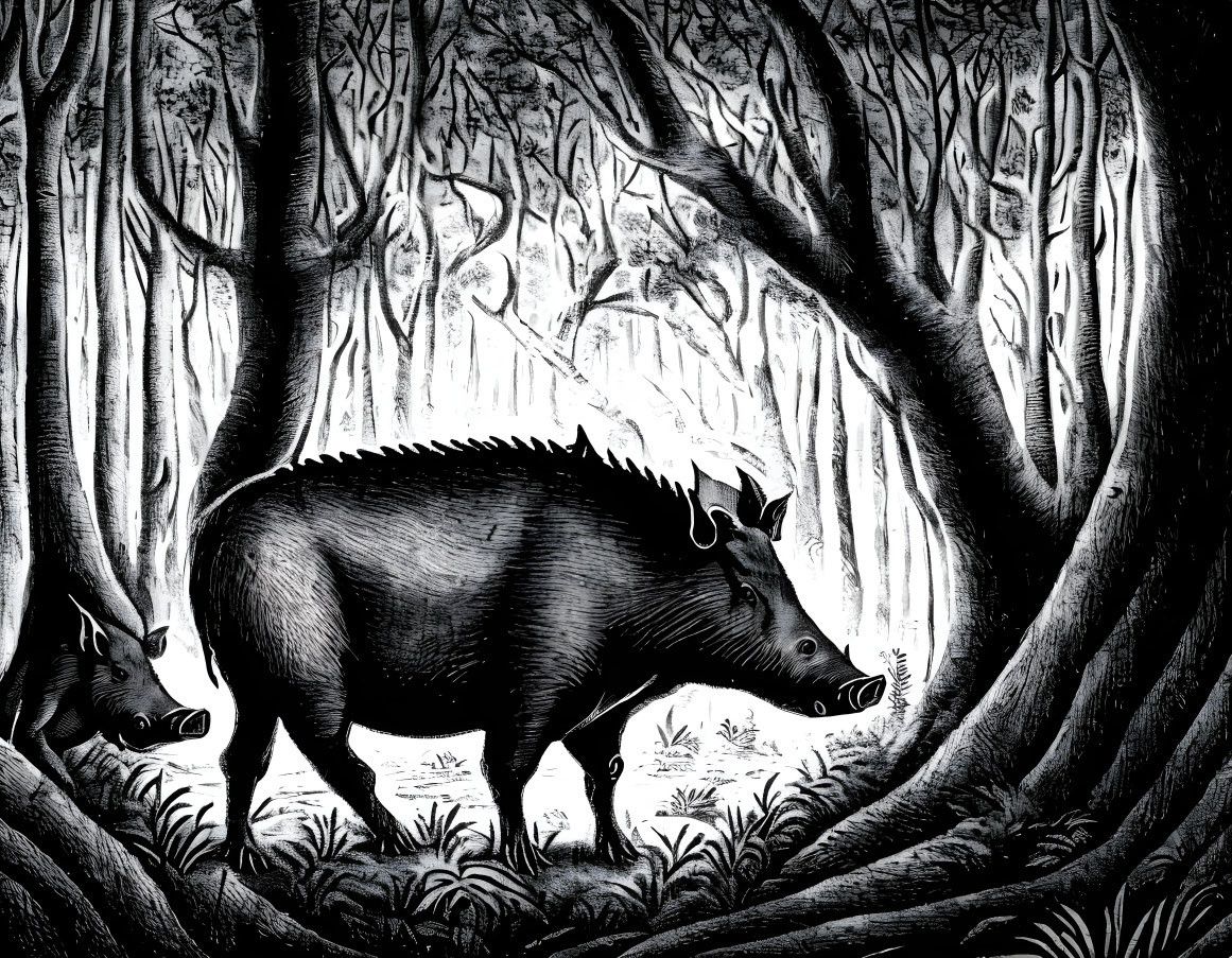 A medieval engraving depicts wild boars