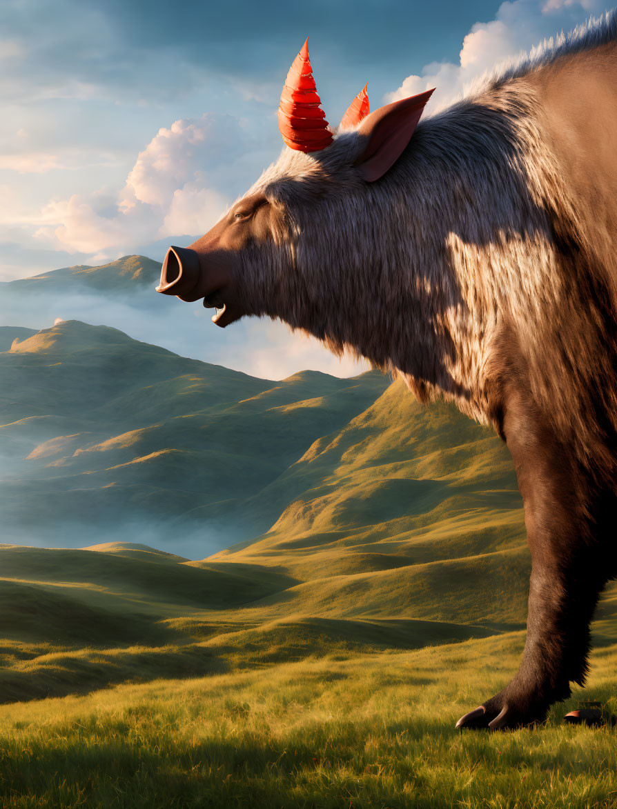 Large Boar with Red-Orange Tusks on Grassy Hill