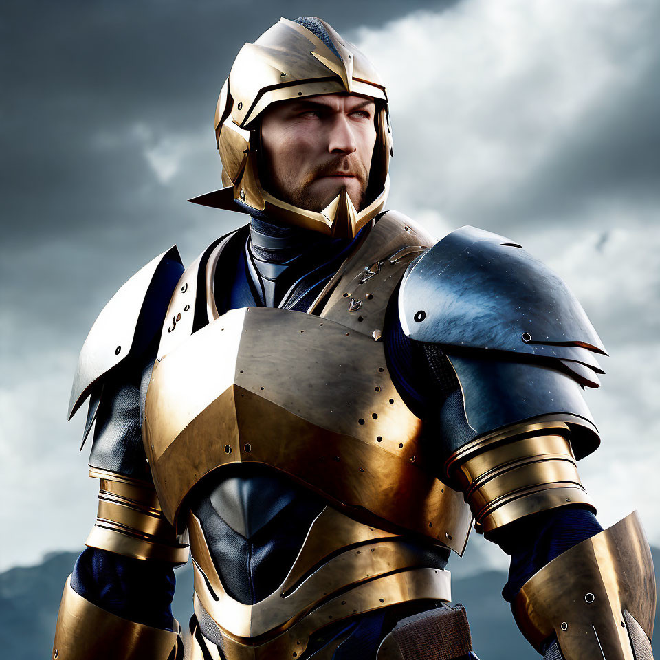 Golden and steel armored knight against dramatic sky