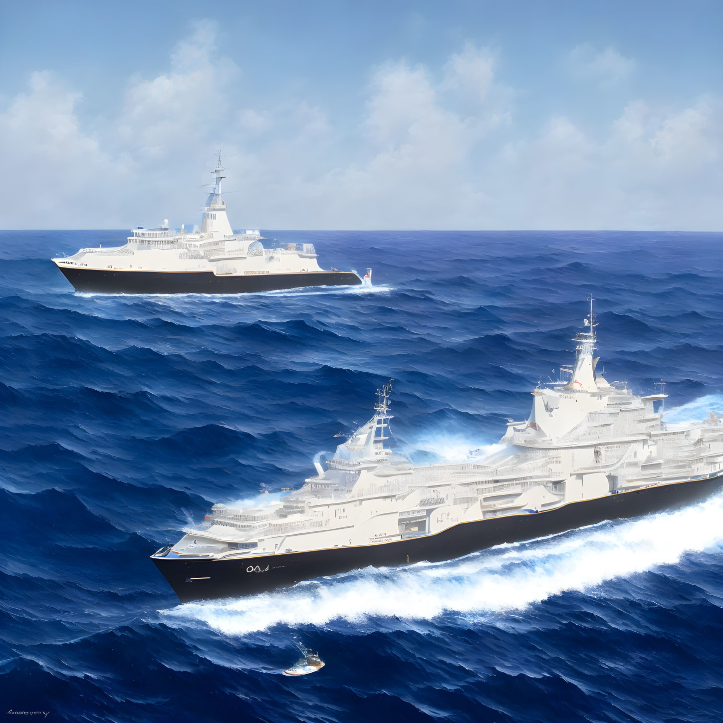 Modern naval warships on bright blue ocean with white waves and partly cloudy sky