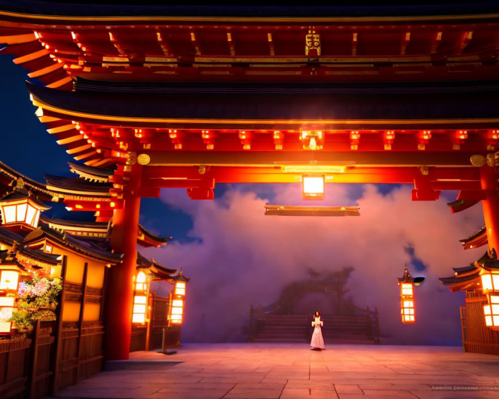 Traditional Japanese gate (torii) at dusk with mist and ambient lighting