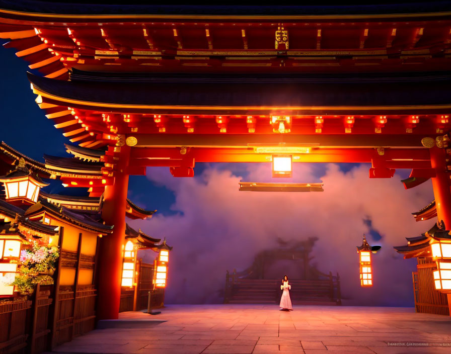 Traditional Japanese gate (torii) at dusk with mist and ambient lighting