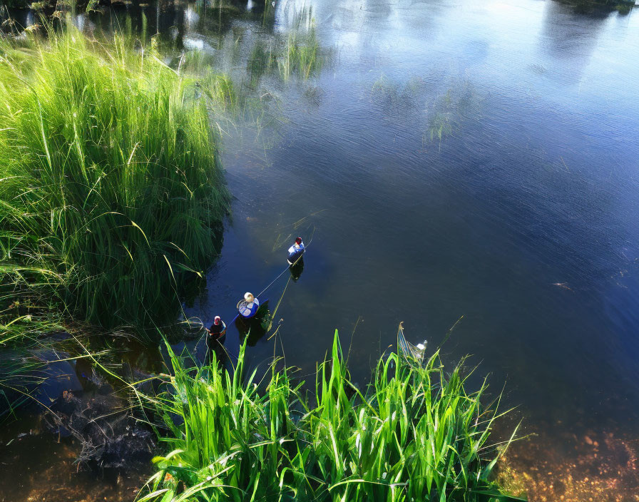 Tranquil river scene with three people in lush green surroundings