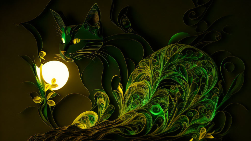 Stylized black cat with green eyes and patterns beside glowing orb