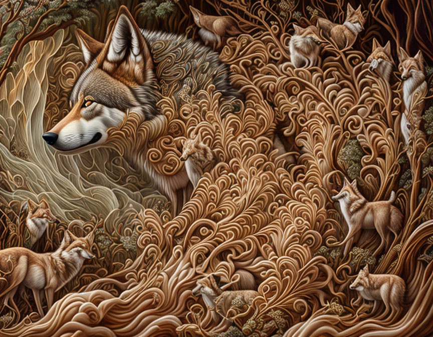 Detailed Tapestry of Wolves and Foxes in Intricate Artwork