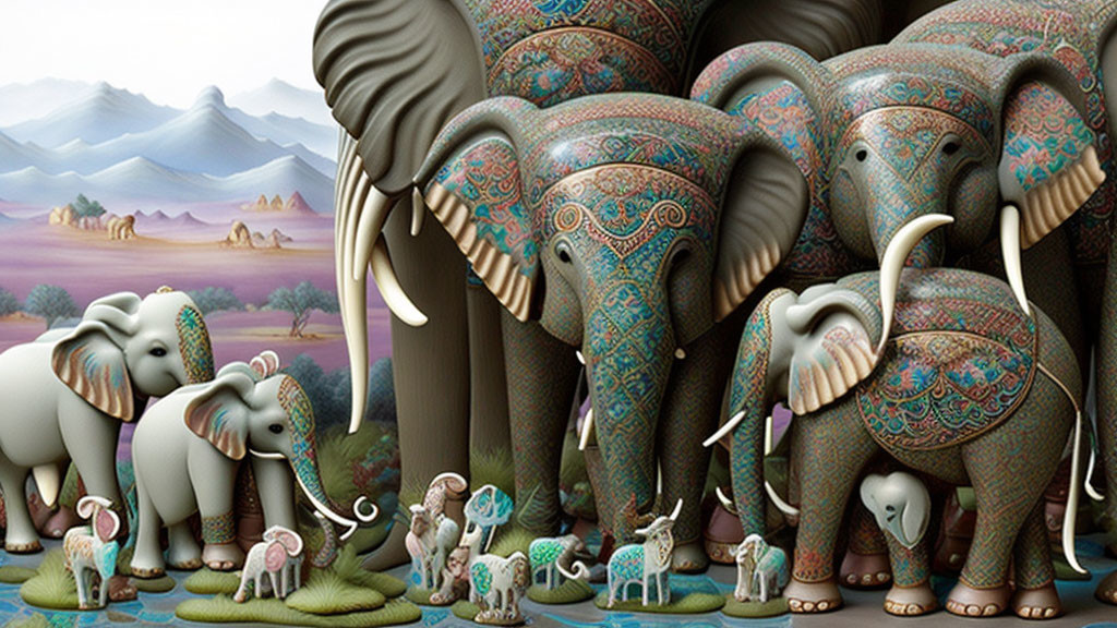 Vibrant decorated elephant family in lush landscape