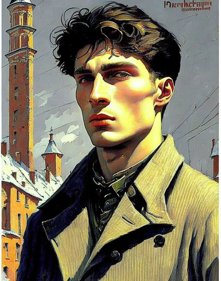 Young man with dark hair in beige coat, gazing intensely in front of tall tower.