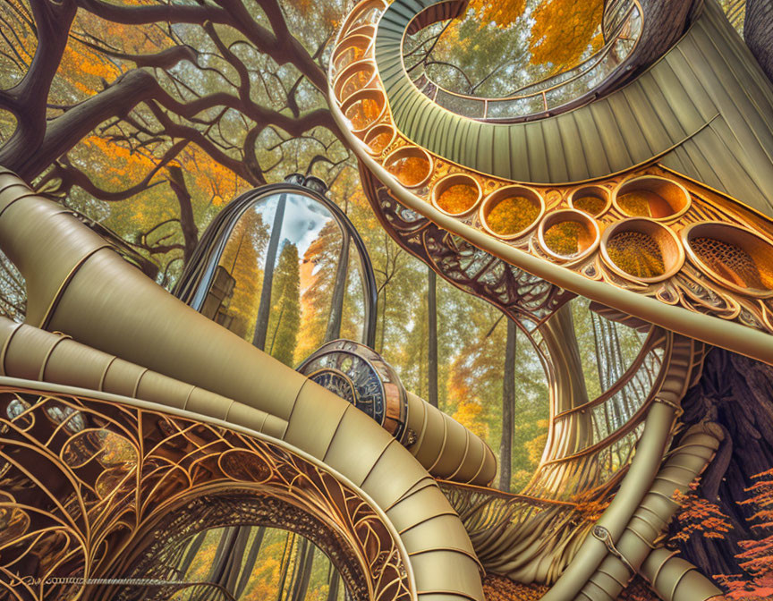 Intricate Treehouse Illustration in Autumn Forest