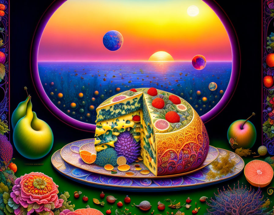 Colorful surreal artwork: Cheese wheel, fruits, ocean sunset, floating spheres