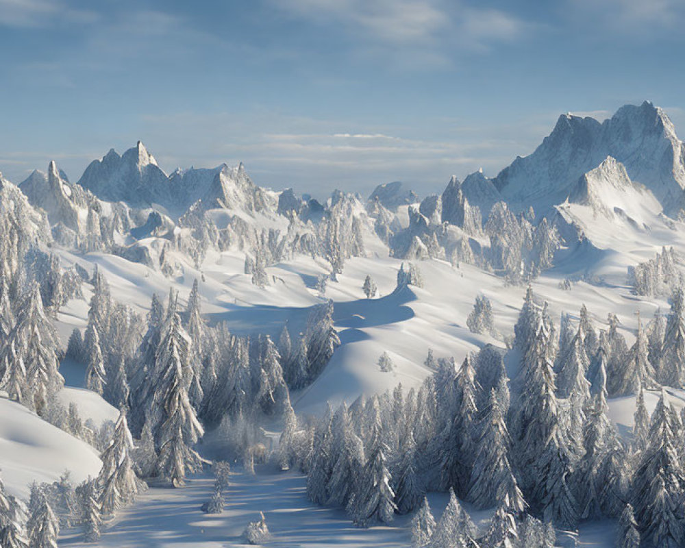 Snow-covered evergreen trees and sharp mountain peaks in panoramic winter landscape