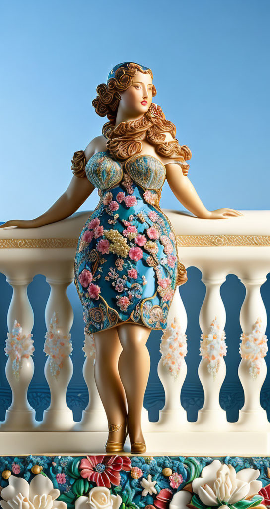 Porcelain woman figurine with detailed hair and floral dress on balustrade.