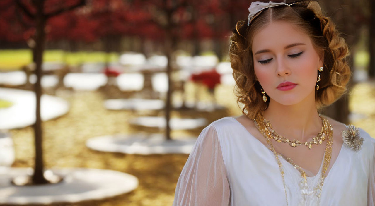 Young woman in vintage attire standing in serene park with red-leaved trees and white tables
