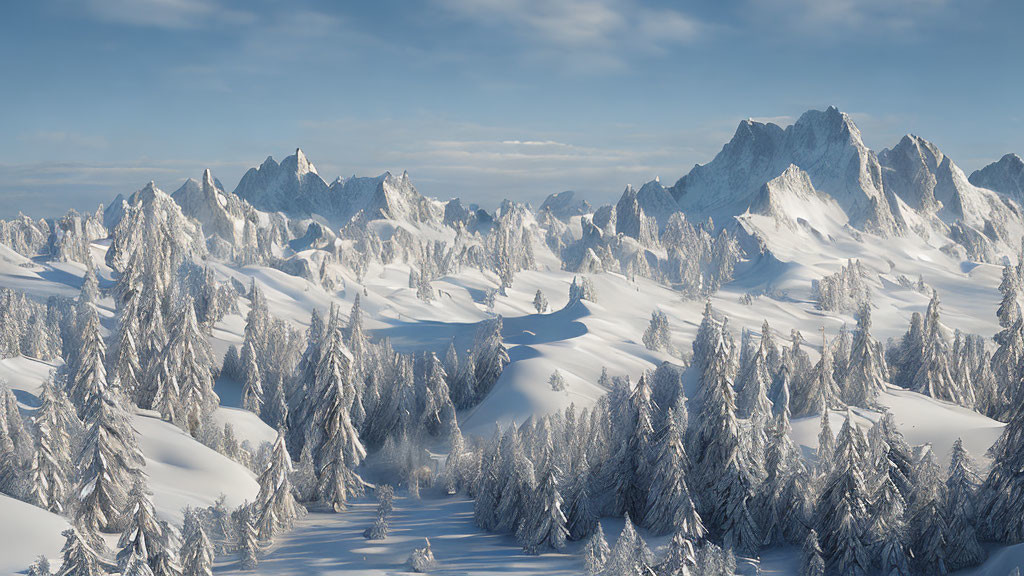 Snow-covered evergreen trees and sharp mountain peaks in panoramic winter landscape