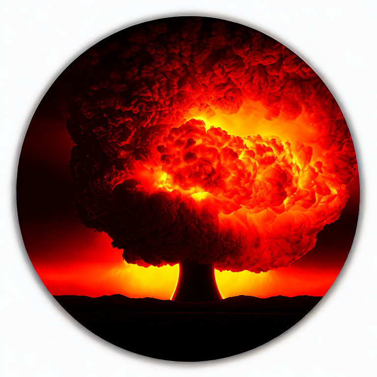 Vivid circular nuclear mushroom cloud in red and orange tones