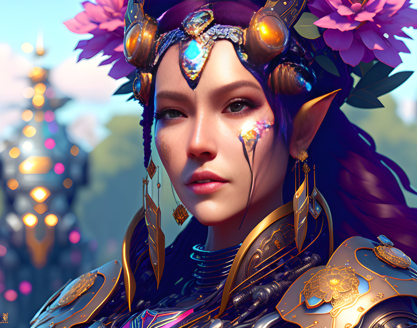 Fantasy female character with pointed ears and golden armor in digital artwork