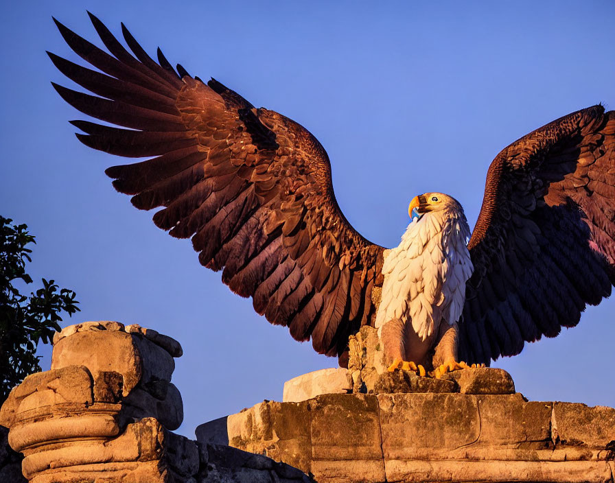 Majestic eagle with spread wings on stone structure in warm sunset light