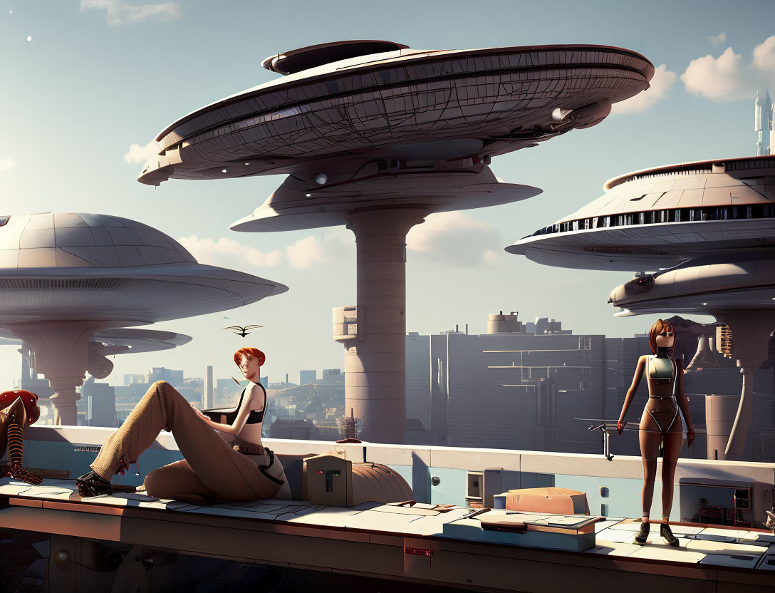 Futuristic cityscape with towering structures and animated female characters