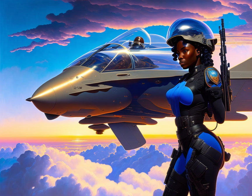 Futuristic female officer in blue-black uniform with advanced jet at sunset