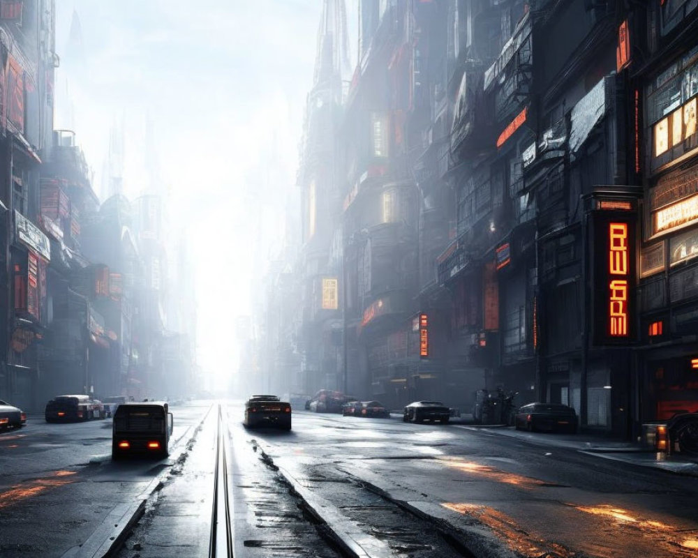 Futuristic city street with high-rise buildings and neon signs