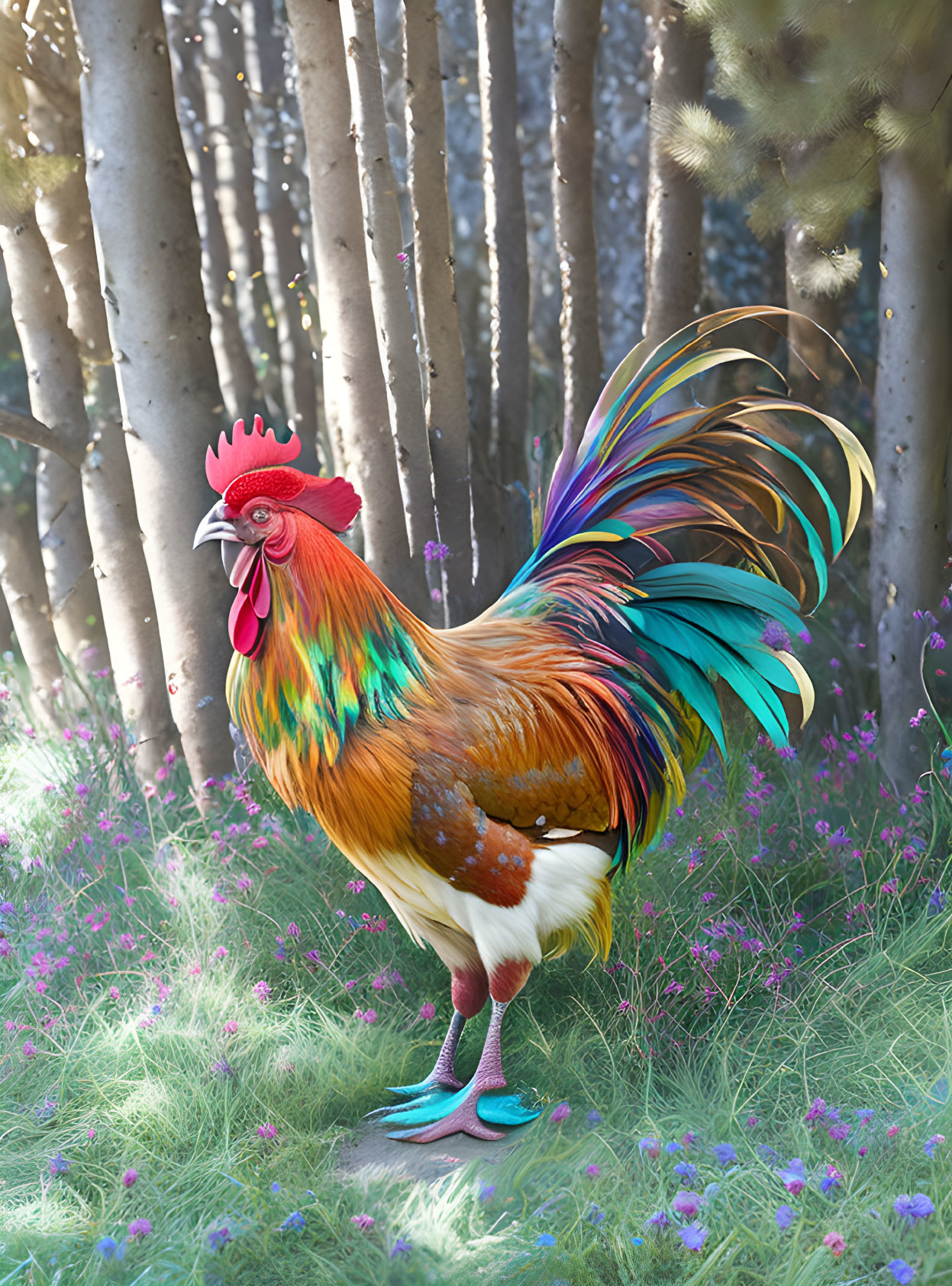 Colorful rooster surrounded by flowers and trees in sunlight