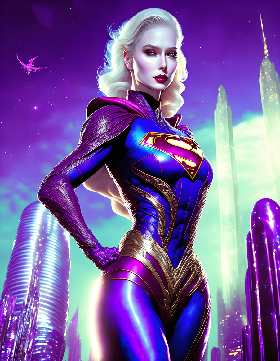 Female superhero in Supergirl costume against futuristic cityscape
