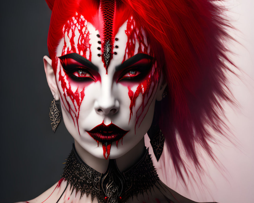 Vivid portrait of person with red hair and dramatic makeup, adorned with red and black designs and orn