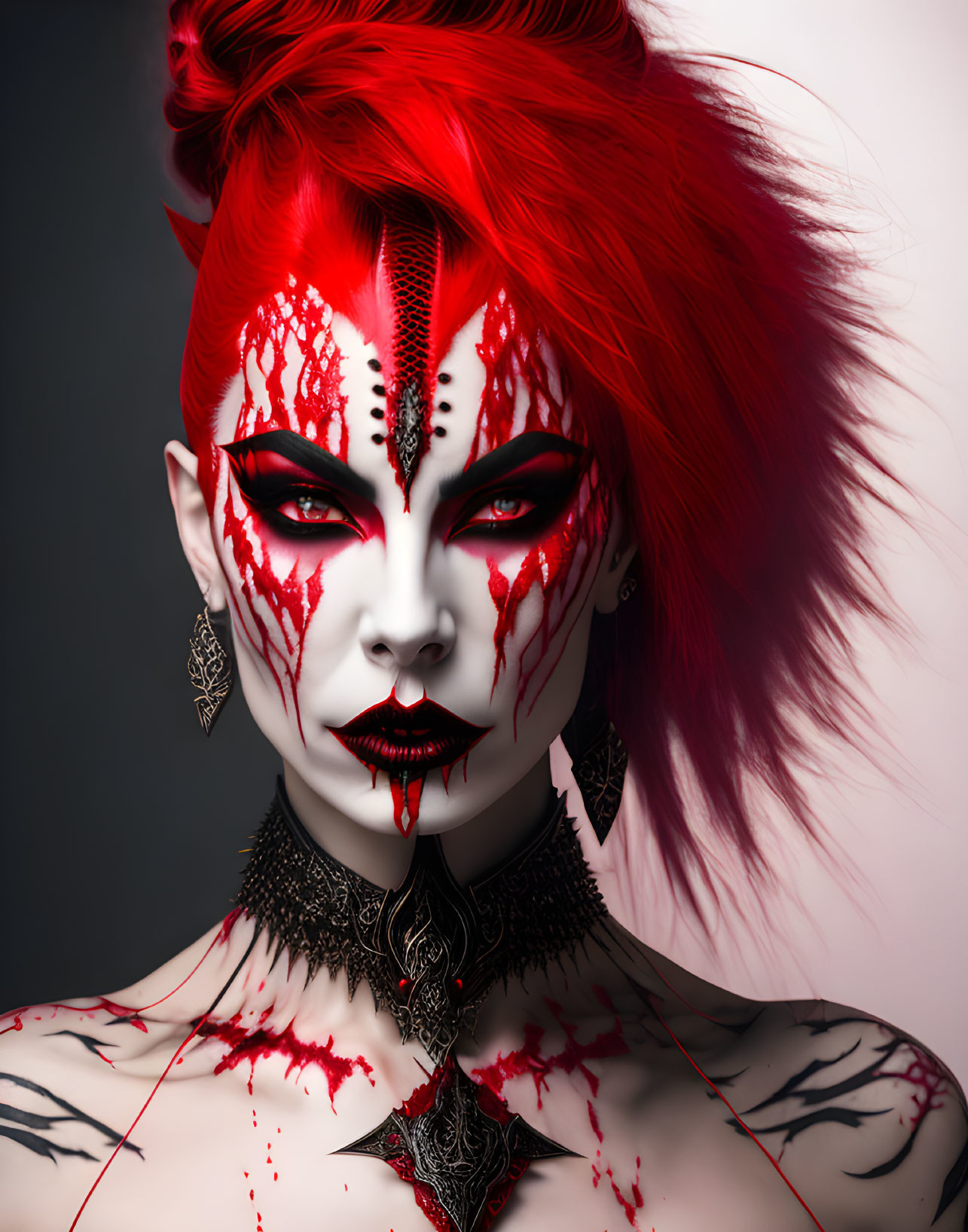 Vivid portrait of person with red hair and dramatic makeup, adorned with red and black designs and orn