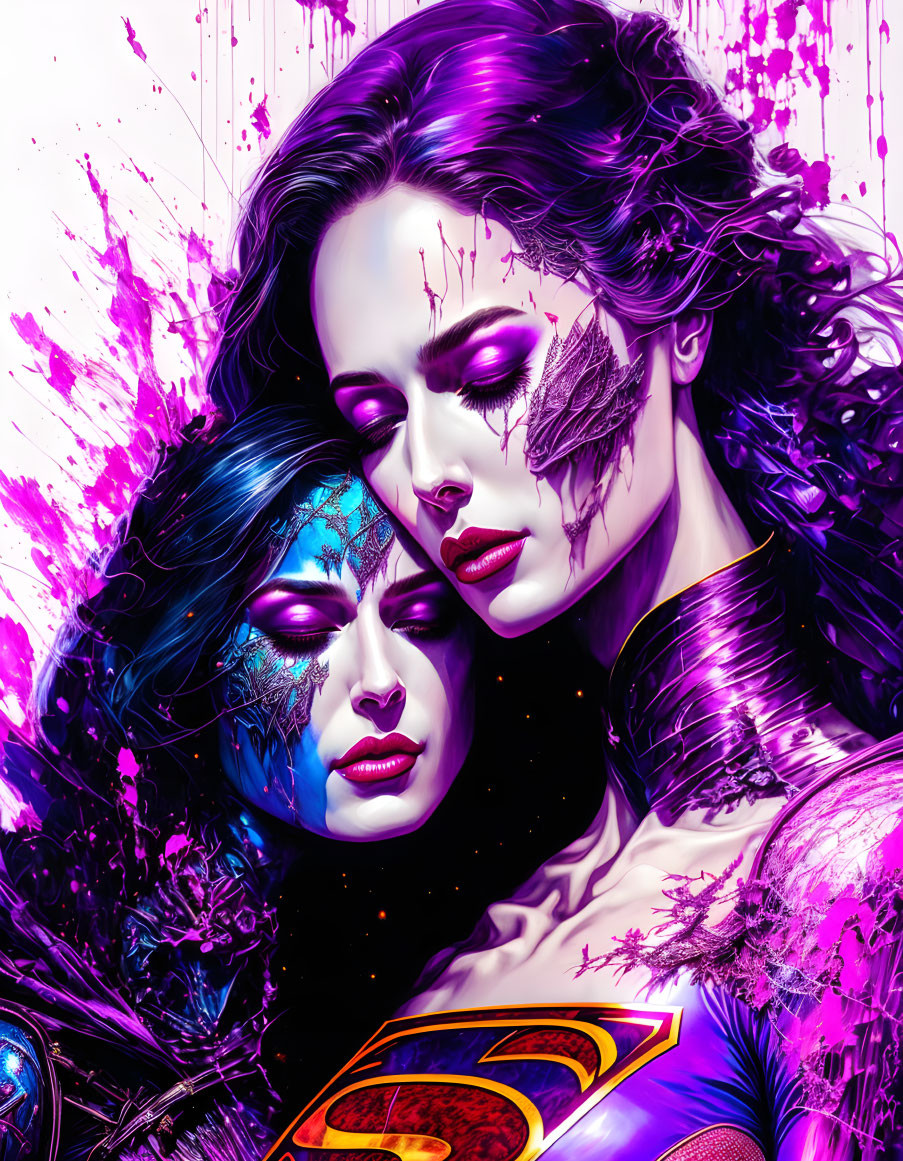 Stylized female superheroes in purple-themed paint splatter effects