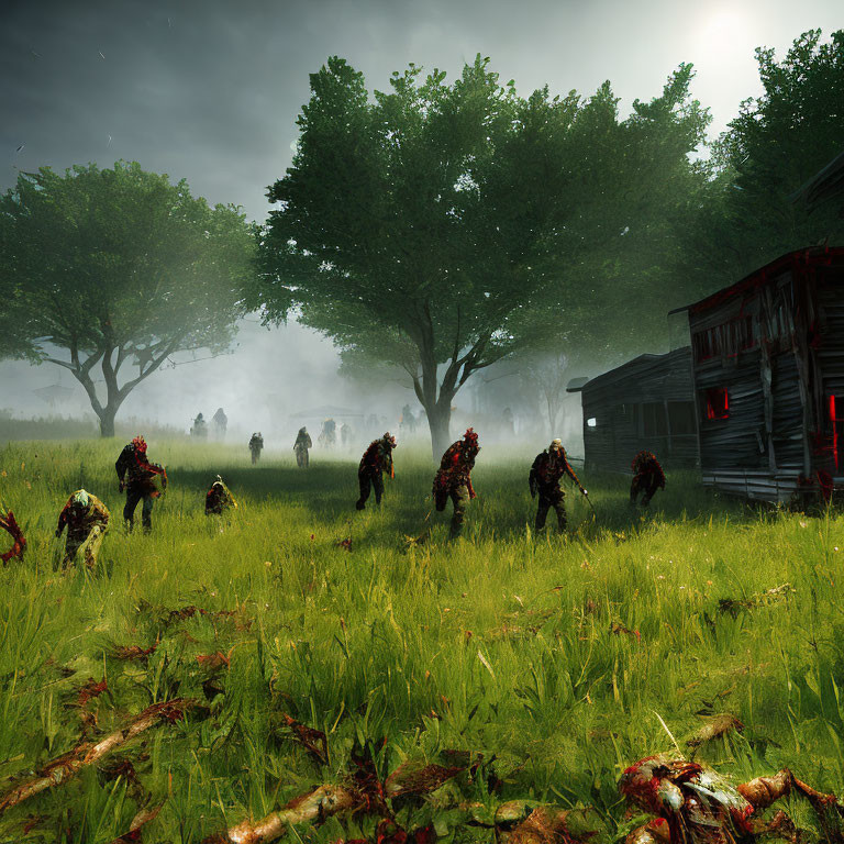 Horror scene: Zombies near cabin in misty forest