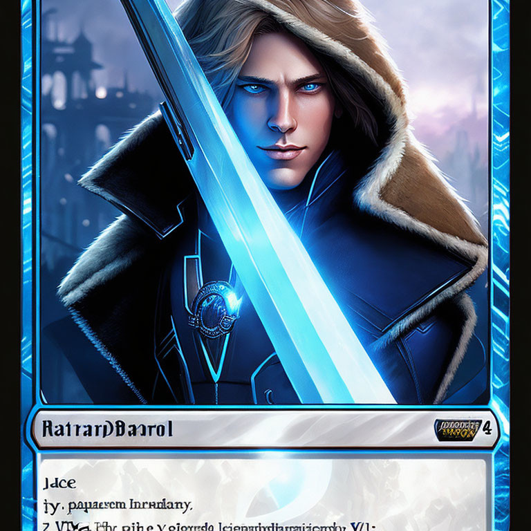 Fantasy character with blue glowing sword and blond hair in cityscape backdrop