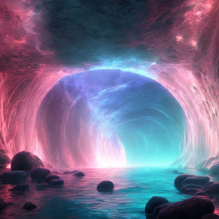 Surreal Cave with Pink and Blue Lights and Archway