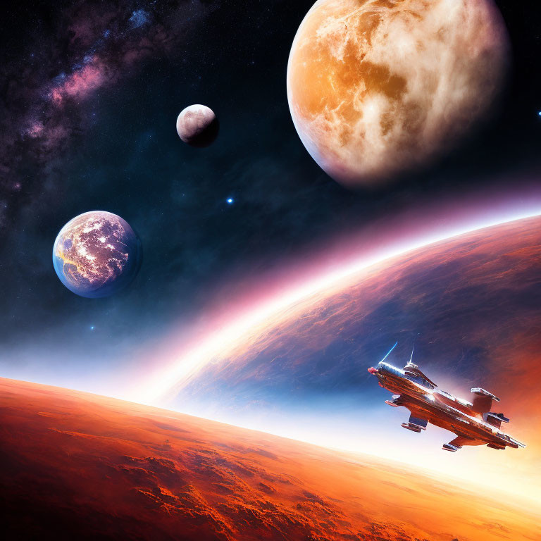 Spaceship nearing vibrant orange planet with three celestial bodies in cosmos.