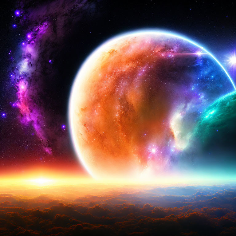 Colorful planet rising above sea of clouds in star-filled space