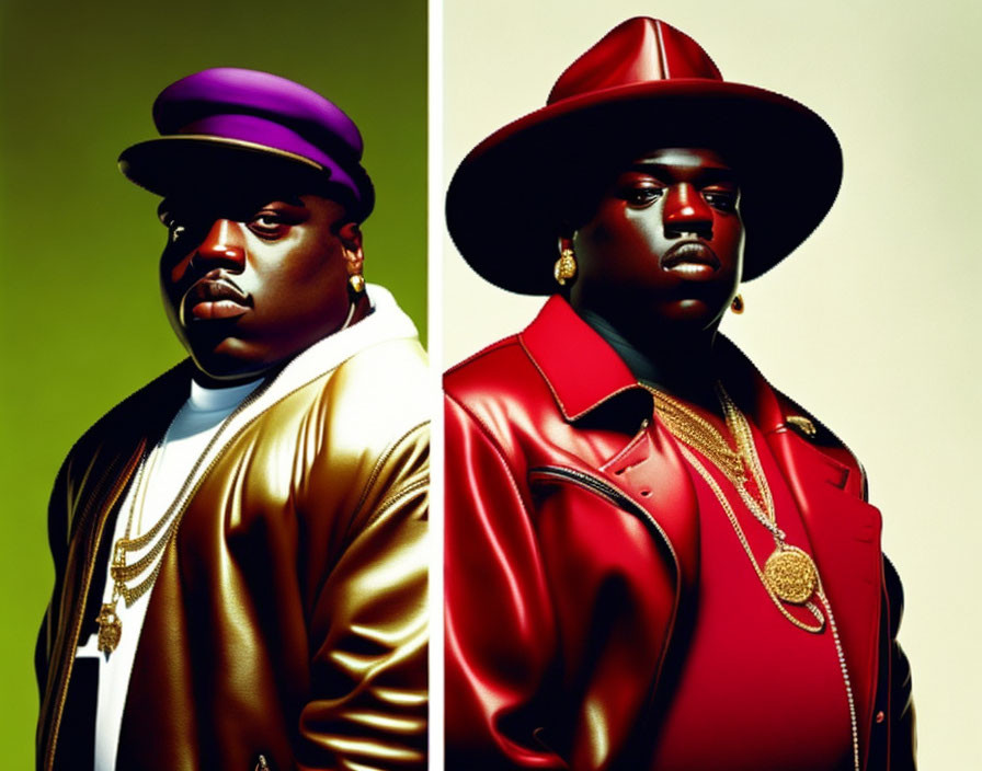 Stylized portraits of a person in purple and red hats with gold necklaces