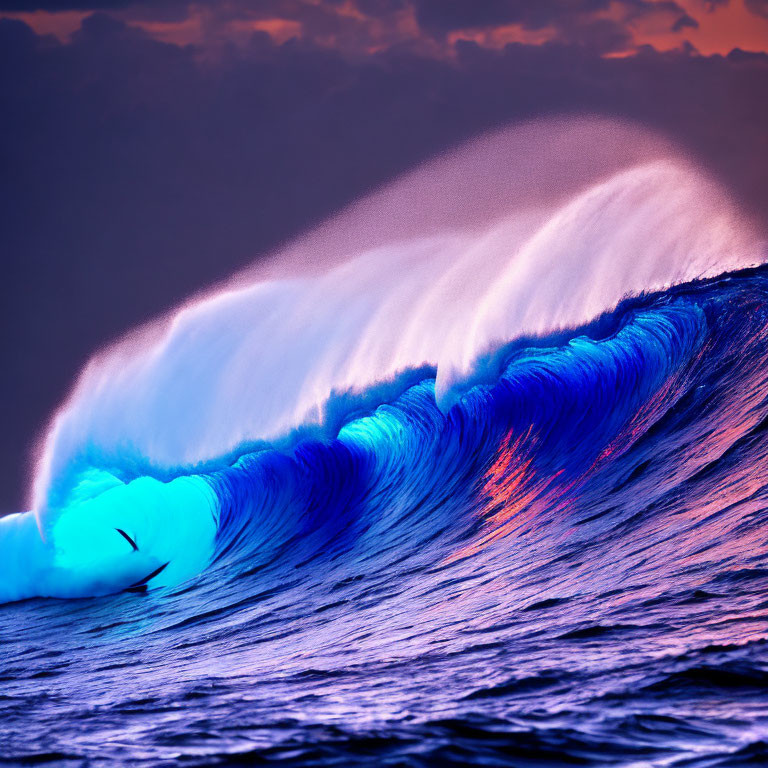 Colorful Wave Cresting at Sunset with Blues and Purples