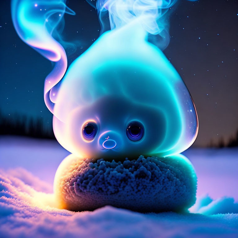 Colorful Glowing Creature in Snowy Starry Scene