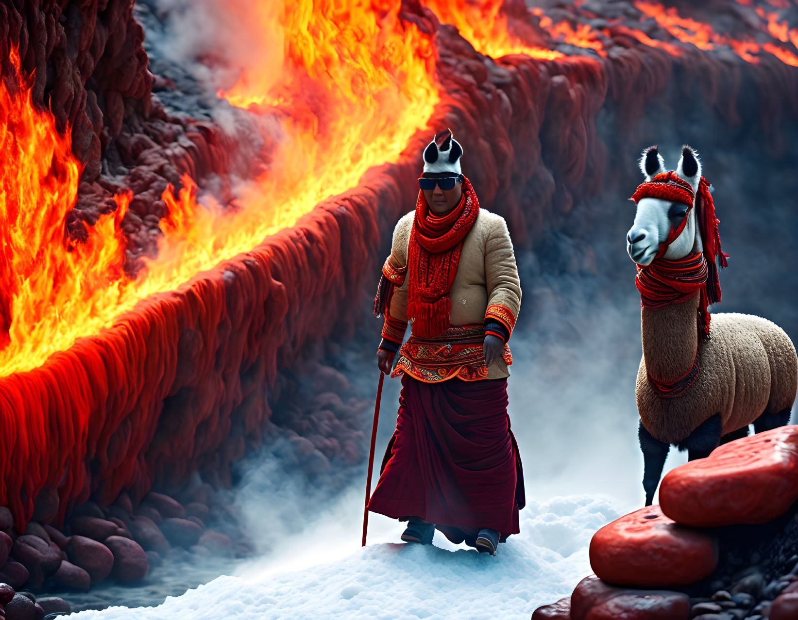 Tibetan lama going to the lava with the llama