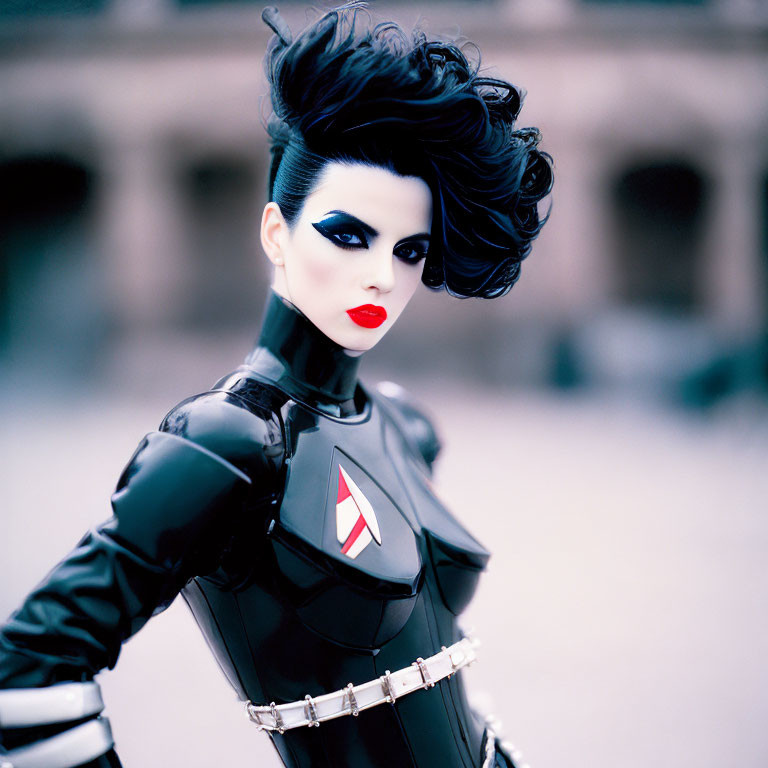 Bold Makeup and Black Latex Outfit Pose with Dramatic Hair - Red Lips