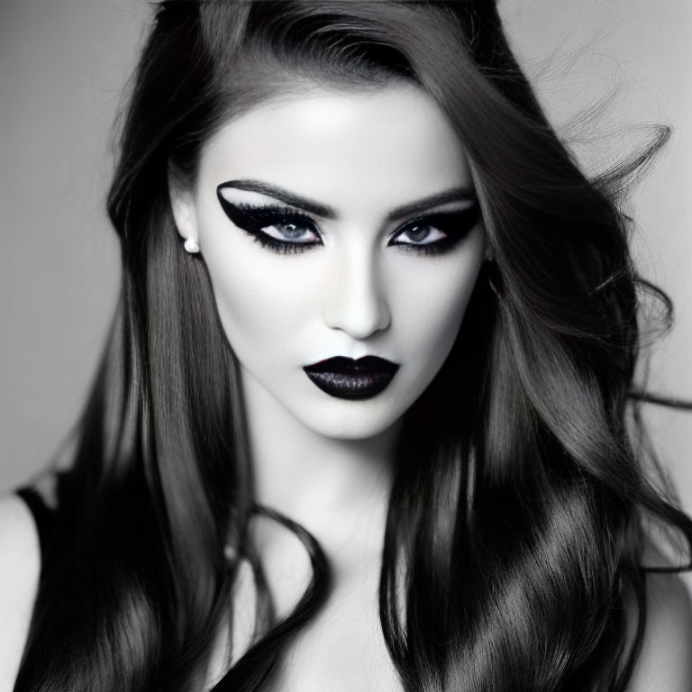 Monochrome portrait of a woman with bold eye makeup and black lipstick