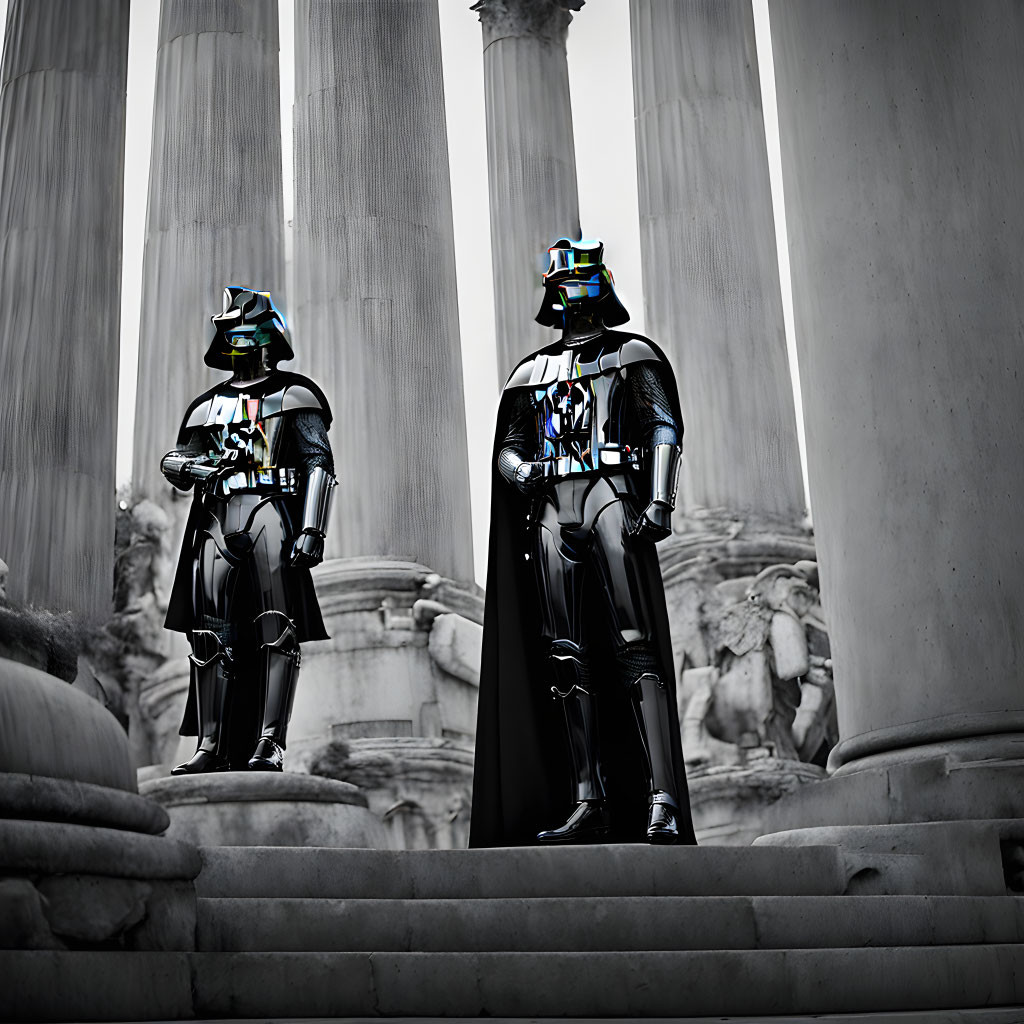 Two Star Wars characters between classical columns
