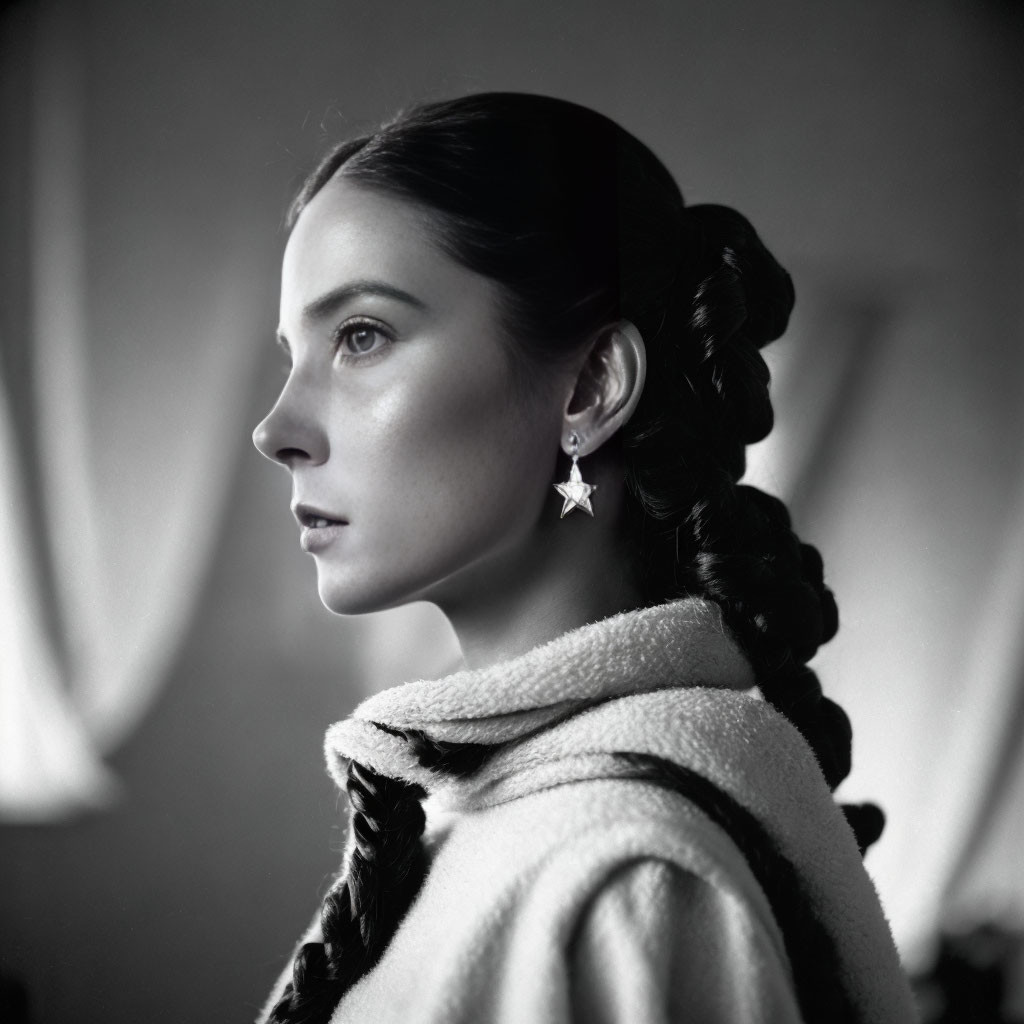 Monochrome portrait of woman with braided hair and star earrings in textured coat
