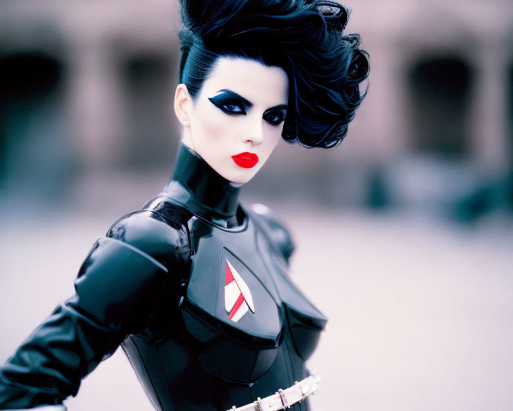 Bold Makeup and Black Latex Outfit Pose with Dramatic Hair - Red Lips