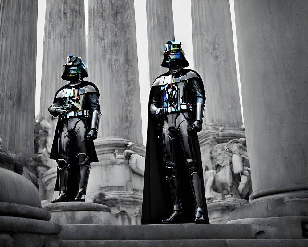 Two Star Wars characters between classical columns