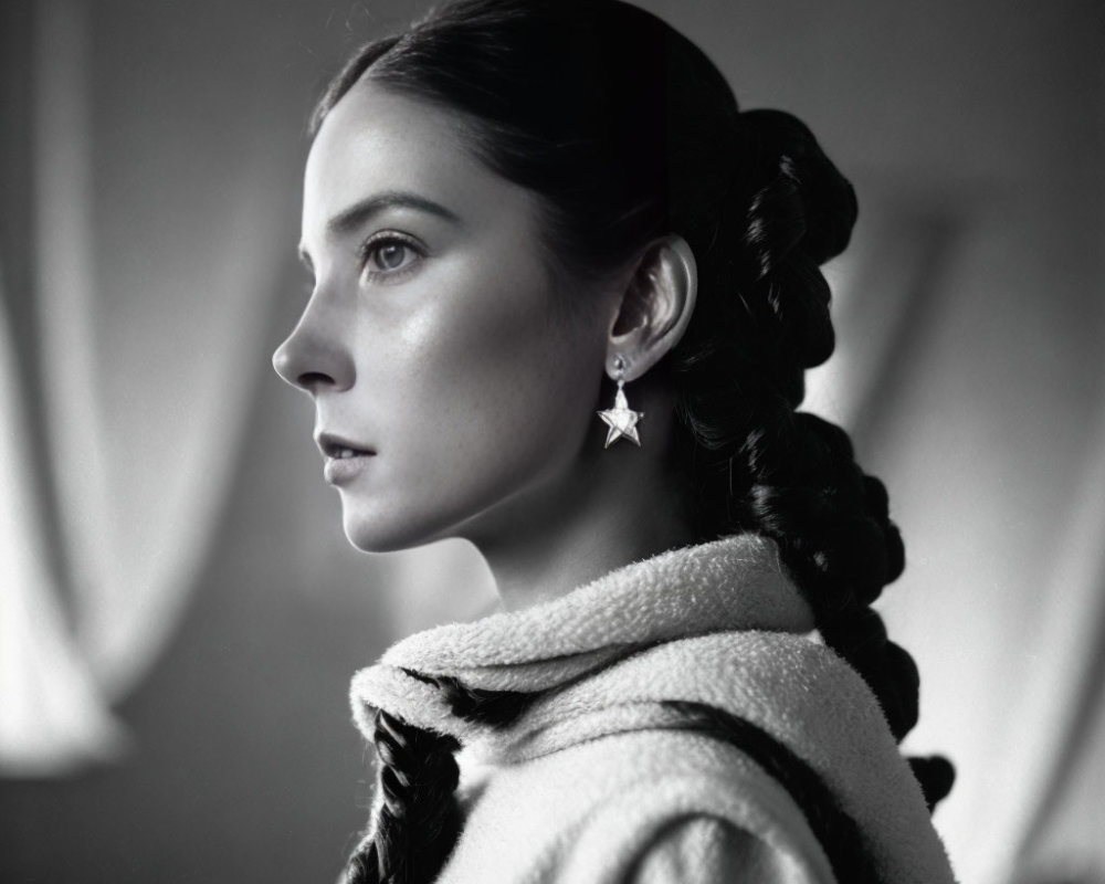 Monochrome portrait of woman with braided hair and star earrings in textured coat